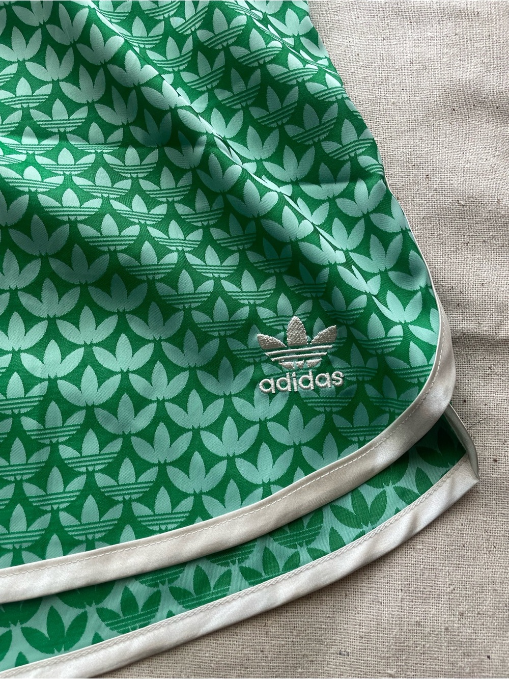 adidas Women's Green Trefoil-Print Running Shorts with White Trim - Picture 2 of 7